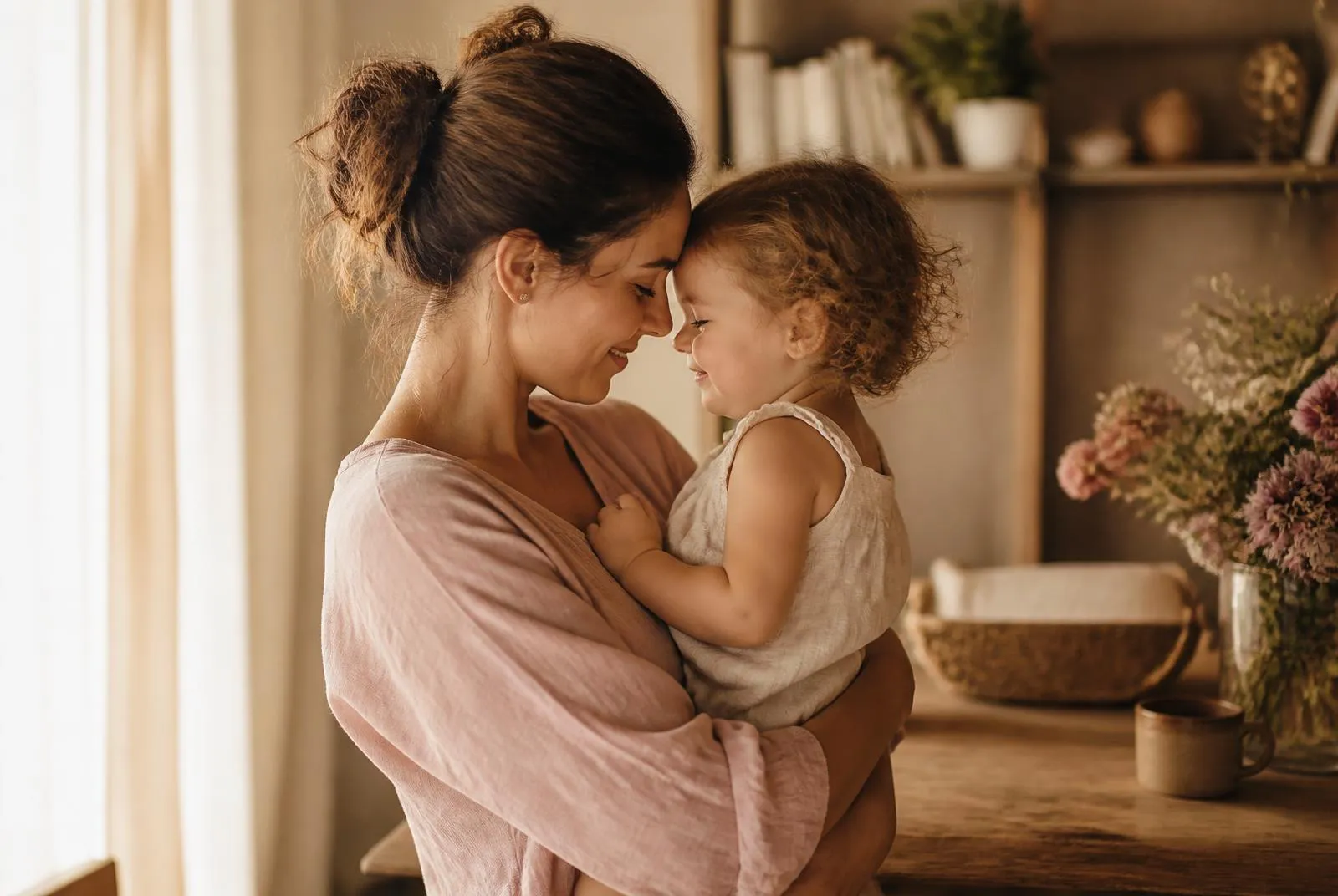 Mãe segurando a filha pequena no colo, testa com testa, em um ambiente iluminado e acolhedor, representando o apego seguro