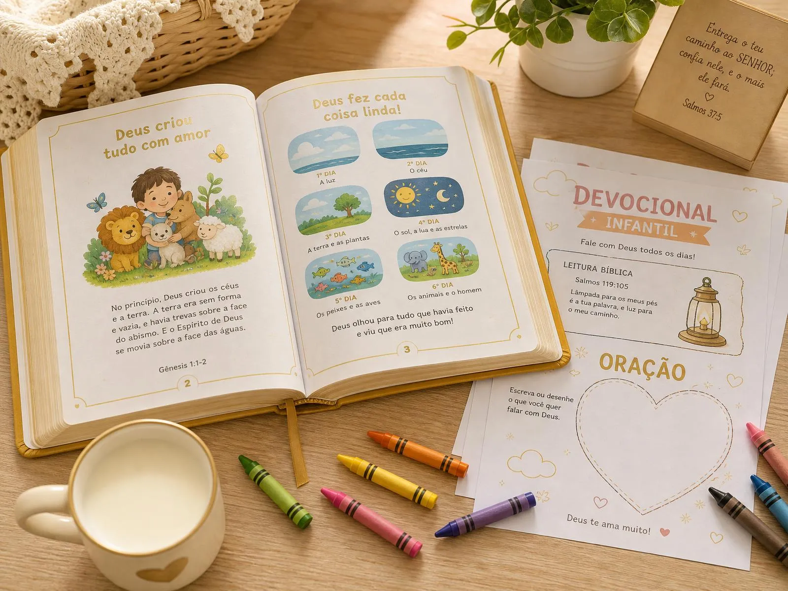 Bíblia infantil aberta sobre a mesa ao lado de folhas de devocional para colorir, giz de cera e uma caneca de leite