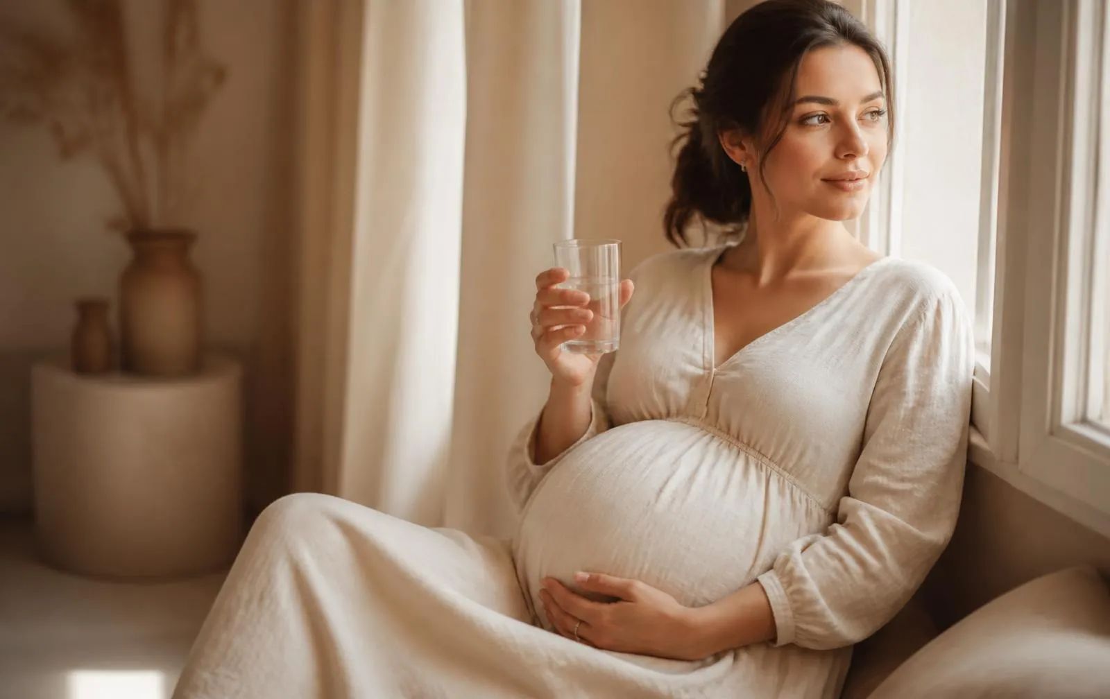 Gestante sentada junto à janela, com luz suave, segurando um copo de água e a mão apoiada na barriga