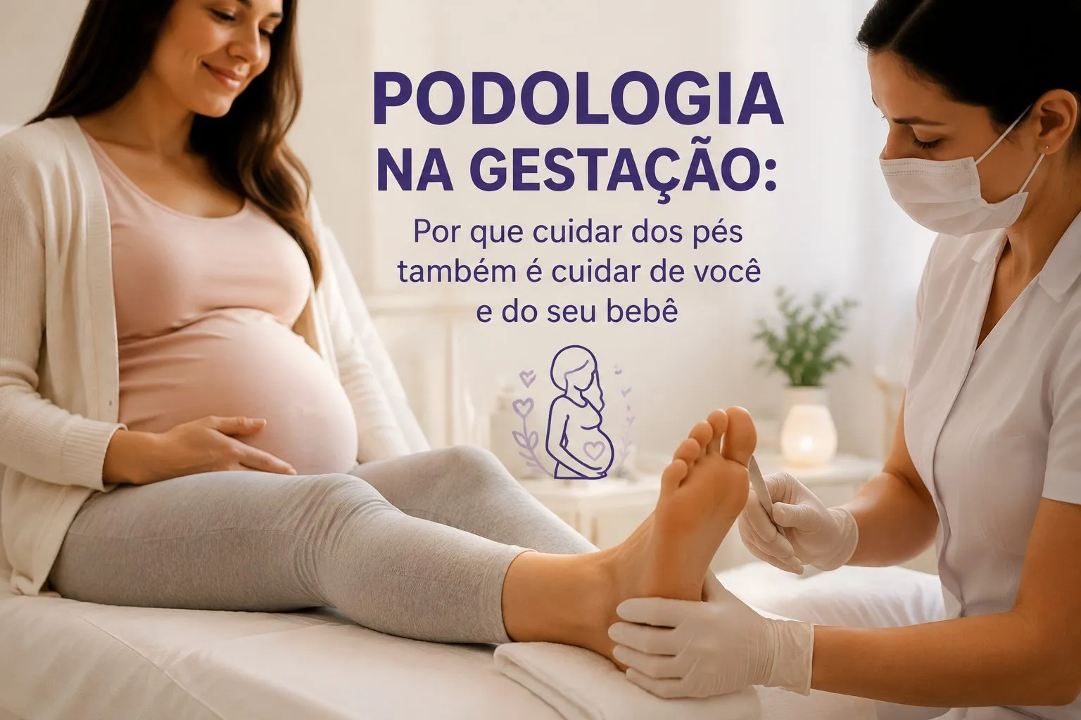 Gestante descansando em um sofá claro, com as mãos apoiadas na barriga e uma manta cobrindo as pernas