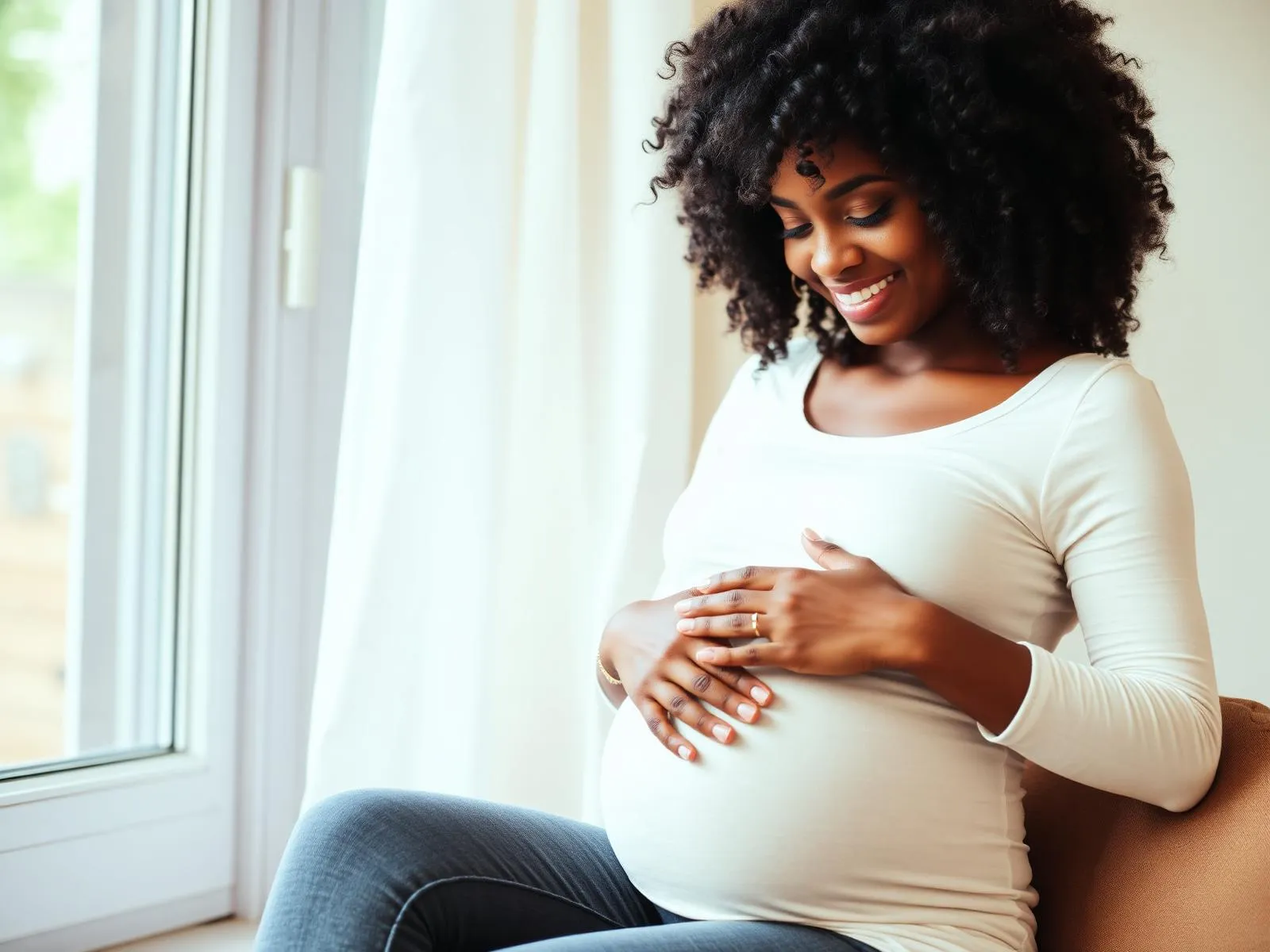 Mulher grávida sorrindo, sentada perto de uma janela com luz natural e segurando um copo de água
