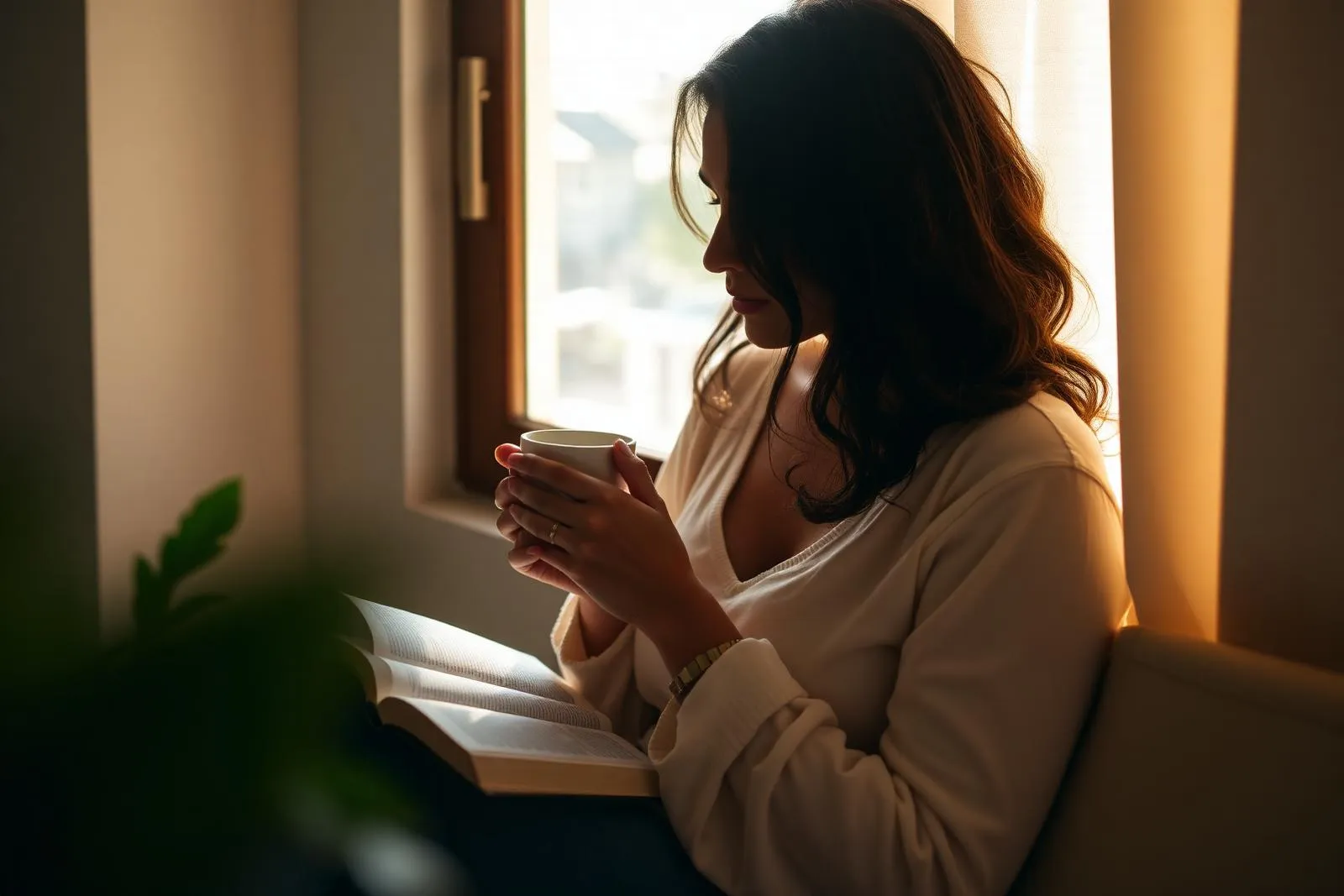 Mulher lendo a bíblia com café pela manhã