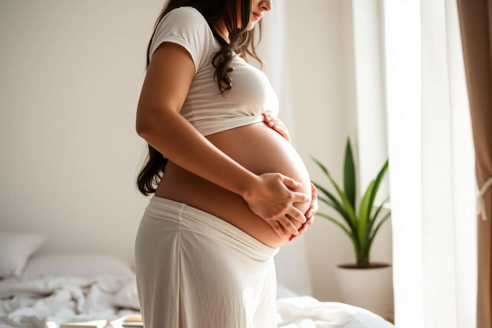 Gestante segurando a barriga em quarto iluminado
