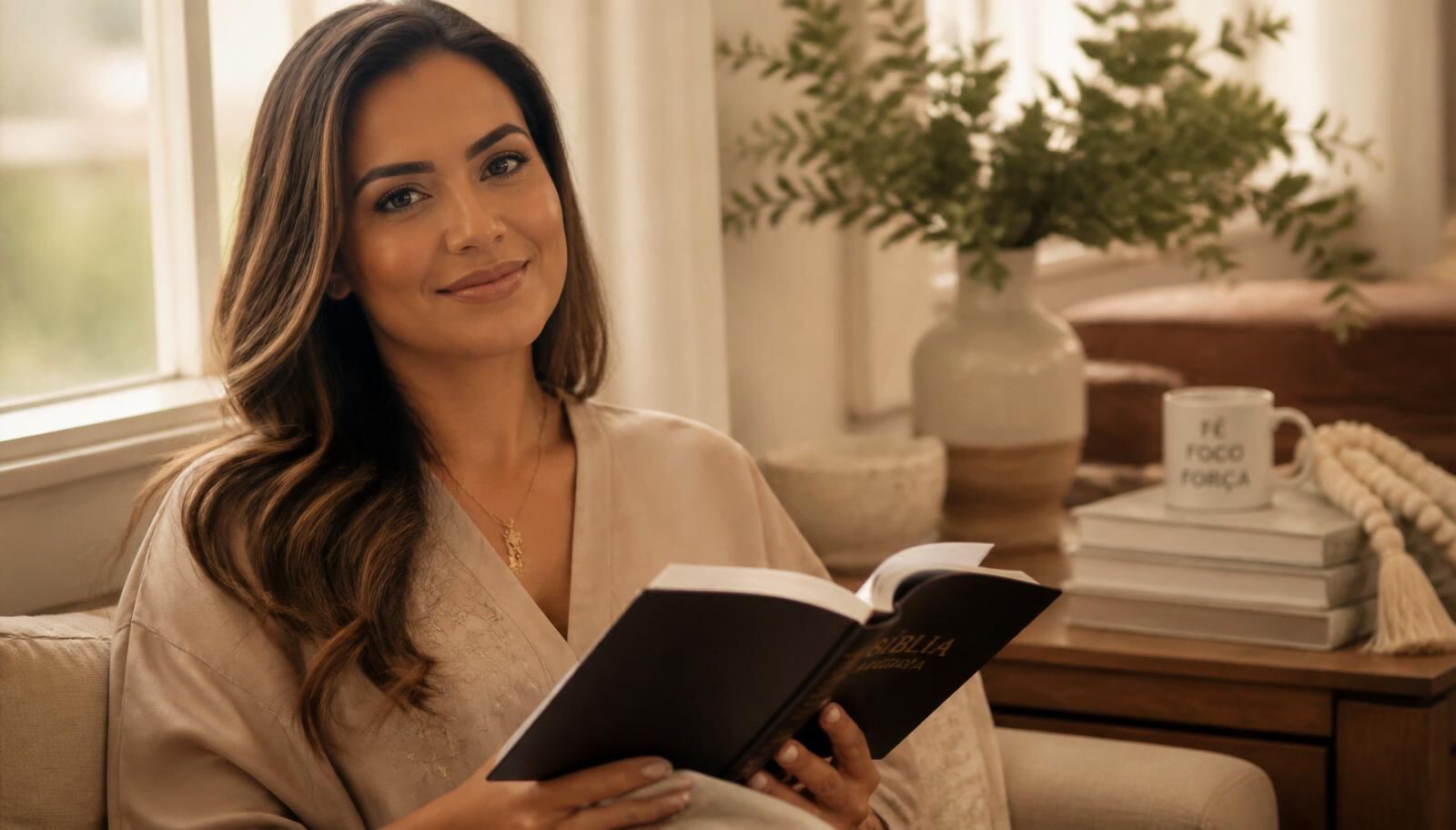 Mulher serena segurando uma Bíblia aberta perto de janela com luz suave da manhã, cena de reflexão espiritual