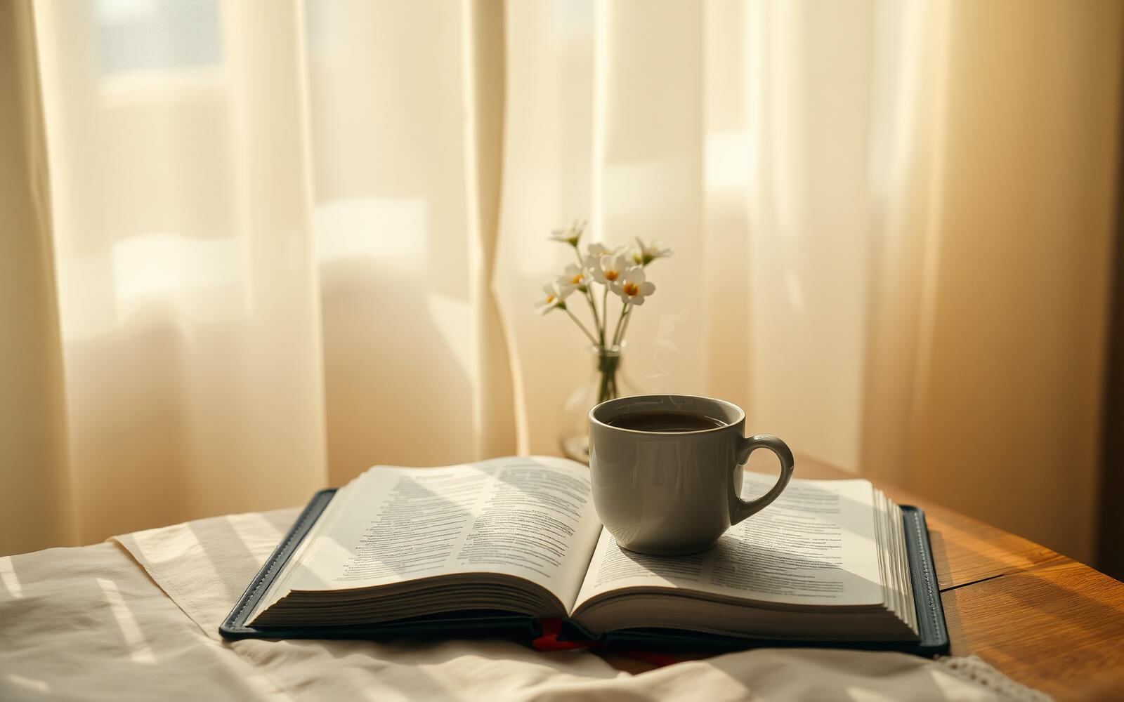 Bíblia aberta na mesa de cabeceira, com xícara de café e luz suave da manhã, cena de oração matinal